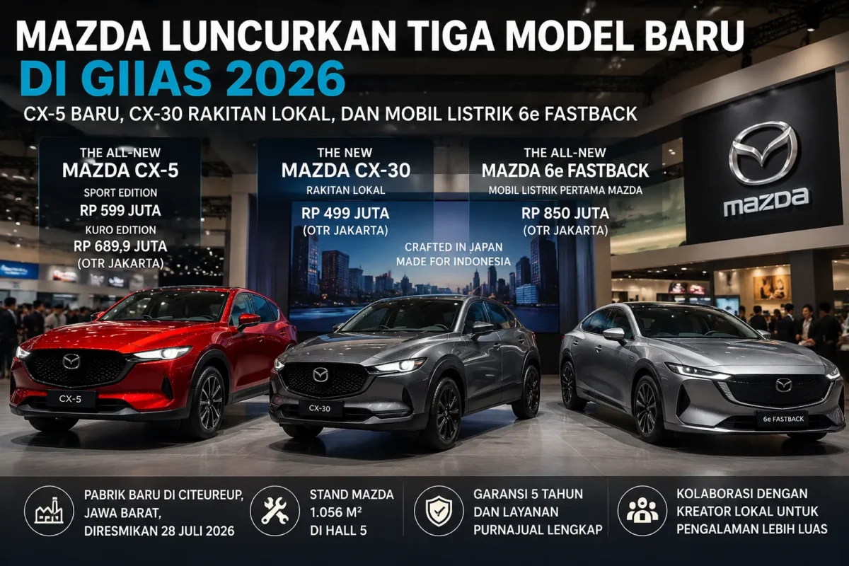 Usai Resmikan Pabrik, Mazda Langsung Debutkan Tiga Mobil Baru di GIIAS 2026(Foto: otomotif.bisnis/AI)