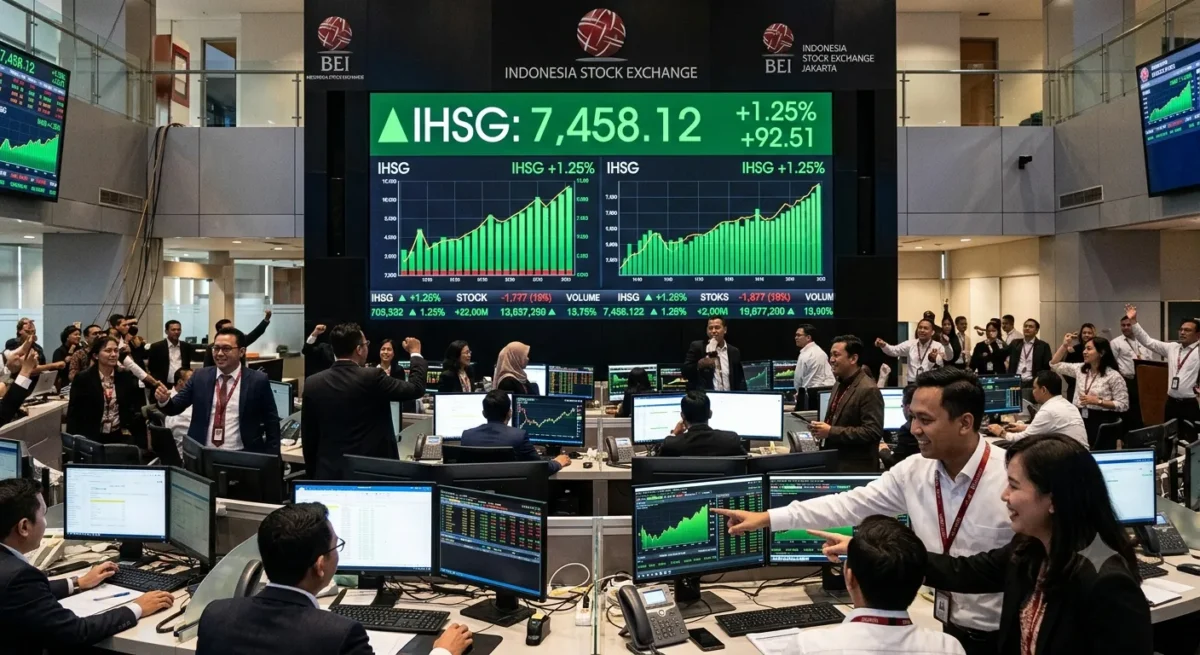 IHSG Naik 2,28 Persen ke Level 5.875, Mayoritas Saham Ditutup Menguat(Foto: AI)